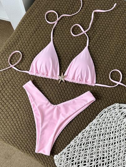 Swim Mod Plus Size Women's Plain Color Shoulder Strap Metal Decor Sexy Pink Bikini Set, Summer