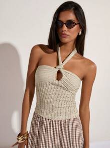 COSMINA Women's Solid Color Tassel Hem Hollow Out Backless Tank Top - Khaki - View 3