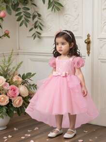 Baby Girls' Elegant Multilayer Mesh Ruffled Bow Decor Flared Sleeve Trailing Puff Skirt Pageant Dress, Suitable For Baby Birthday Party, Pink Square Neck - Dusty Pink - View 1