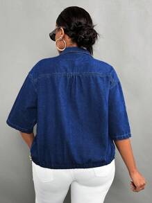 SHEIN Lady Plus Size Blue Denim Top Three-Quarter Sleeves Sexy Shirt Loose And Slim Casual Women Shirt Teacher Back To School, Fall - Dark Wash - View 2