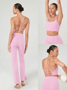 GLOWMODE FeatherFit™ Ready For Anything Round-Neck Crossover Thin Straps Active Tank Top Low Impact Yoga Pilates Studio Daily Casual Wear Removable Cups - Bubblegum Pink - View 6