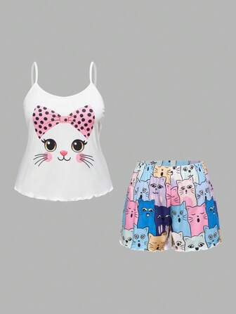 Kawaii Conjunto de pijama de pantalón corto sin mangas con estampado de gato lindo, ropa de estar en casa informal, talla grande
