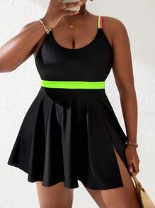 SHEIN Slayr CURVE 2pcs/Set Plus Size Women Black Crew Neck Criss-Cross Strap Ruffle Trim Dress & High Waist Triangle Bottom Swimsuit, Summer Beach Resort - Black - View 1