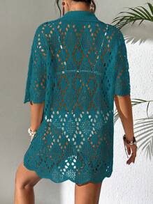 SHEIN Swim Women's Vacation Casual Solid Color Hollow-Out Knit Kimono Cover Up For Summer - Teal Blue - View 2