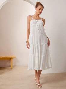 L'Amorae Vestido blanco de verano de largo midi con parte delantera anudada y plisada, elegante, sin mangas, para usar en el verano, atuendos de playa para mujeres