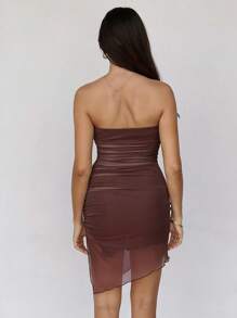 Roylia Women Mesh Overlay Strapless Printed Split Hem Bodycon Mini Dress, Casual Streetwear Elegant Dress For Daily, Party, Music Festival - Chocolate Brown - View 2