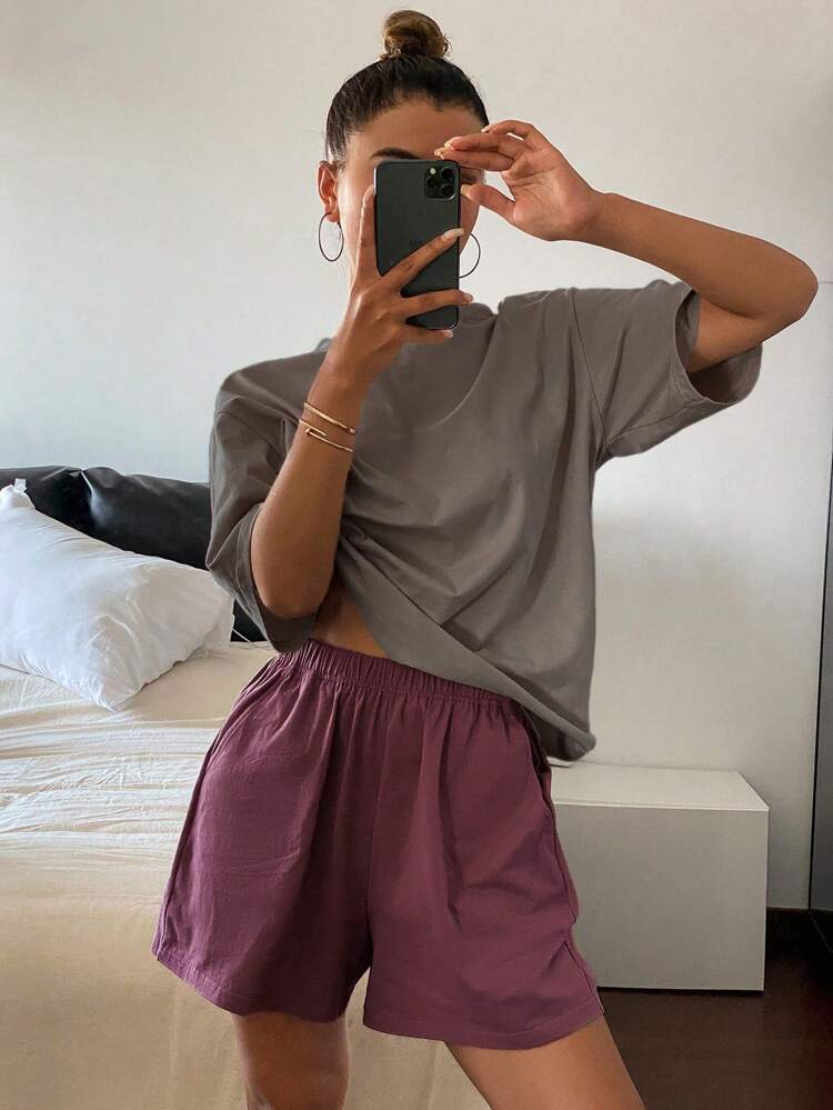 2pcs Women's Solid Color Loose Fit Short Sleeve & Shorts Pajama Set