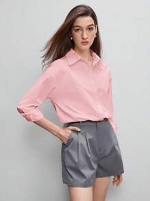 BizChic 女士纯色翻领长袖清爽衬衫，基本款都市通勤风格，简约优雅时尚商务休闲，适合教师和办公室穿着 - 粉色 - 查看 4