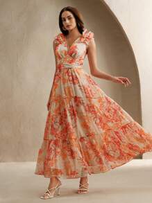 Anewsta Women's Retro Maple Leaf Printed High-End Chiffon Deep V Neck Sleeveless Maxi Dress With Ruffle Hem, Waist-Cinched Slimming Silhouette, Summer 2025 New Arrival