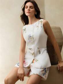 Anewsta Women Floral Print Single Breasted Sleeveless Fashion Blazer Jacket, Suitable For Summer, Festival, Holiday, Vacation, Elegant - White - View 6