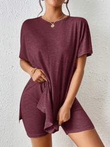 SHEIN Frenchy 2pcs/Set Women Solid Color Round Neck Short Sleeve T-Shirt & Shorts Christmas Thanks Giving Red Summer New Year Burgundy Casual Valentine's Day - Burgundy - View 5