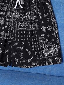 SHEIN 2pcs/Set Teen Boys' Casual Black Full Print Short Sleeve T-Shirt And Shorts Set, Street Style Punk Rock School Daily Wear, Party, Music Festival, Suitable For Spring & Summer