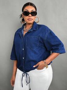 SHEIN Lady Plus Size Blue Denim Top Three-Quarter Sleeves Sexy Shirt Loose And Slim Casual Women Shirt Teacher Back To School, Fall - Dark Wash - View 4
