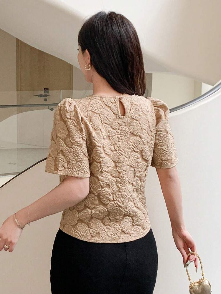 Damen Rundhals Puffärmel Floral Struktur T-Shirt