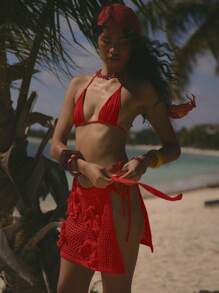 Musera Resort Gehäkelter gestrickter Sarong-Minirock mit Bindedetail, floraler Stickerei, Boho Ibiza, süß, sexy, Urlaub, Sommer, Bademode