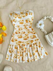 SHEIN Unity 女式夏季欧式美式花卉印花修身褶饰修身短款休闲度假抹胸迷你连衣裙 - 黃色 - 查看 1