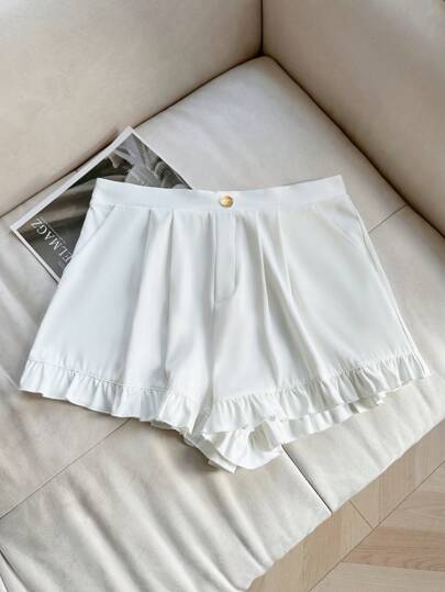 Flirla Plus Size Summer Casual Solid Color Ruffle Hem Shorts