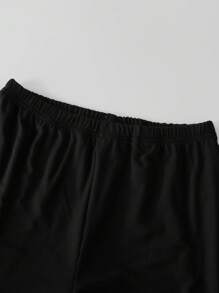 少女休闲优雅图案 T 恤套装，黑白撞色蝴蝶结装饰圆领 T 恤和喇叭长裤，适合度假、上学、春夏季 - 黑色 - 查看 6