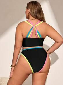 SHEIN Swim Curve Plus Size Color Block Bikini Swimsuit Set, Vacation Style For Summer - Black - View 1