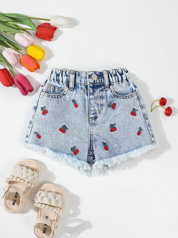 SHEIN Jeunes shorts en jean à taille haute mignons et avec broderie de cerises d'été, polyvalents