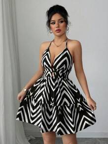 Elenzga Đầm midi đi nghỉ thường ngày hở lưng in họa tiết Bohemian dành cho nữ - Đen và trắng - Xem 6