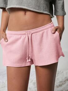 Cute Mid Rise Tie Front Textured Knit Lounge Shorts - Pink - View 4