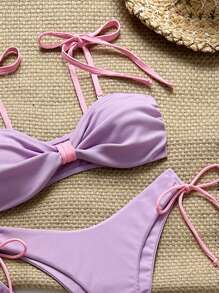 Swim Mod 2025 New Women's Swimwear Summer Solid Color Bow Strap Triangle Bikini Set With Side Drawstring Beach Dress 3 Piece Bikini Set Set - Purple - View 3