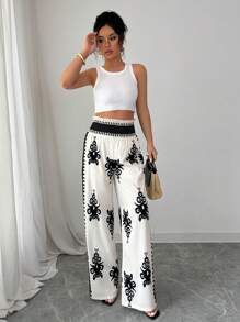 Elenzga Pantalones casuales elegantes con estampado completo y nudo en la cintura para mujer