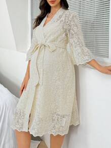 SHEIN Set da 2 pezzi di vestaglia da donna con maniche a campana pesantemente ricamate e camicia da notte con vita stringata e cerniera a metà, pigiami premaman