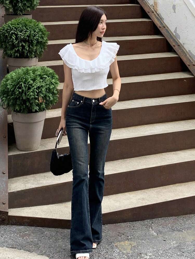 Women's White Patchwork Ruffle Collar Round Neck Cropped Short Sleeve T-Shirt Cute Tops