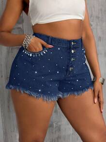 SHEIN ICON Plus Size Women Distressed Blue Denim Non-Stretch Hot Shorts With Rhinestones, Vintage Music Festival Style - Dark Wash - View 5