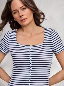 Miaspire Women Striped Print Square Collar Short Sleeve Casual T-Shirt, Summer