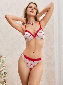 2件套女士水果印花蕾丝花卉文胸和内裤套装，春季 - 粉色 - 查看 6