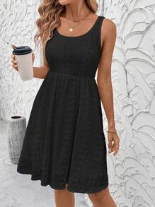 SHEIN Clasi Vestido de punto elástico con cintura ceñida, corte evasé y patrón tridimensional texturizado blanco para mujer, elegante para el verano, adecuado para varias ocasiones como uso diario, viajes, vacaciones y trabajo - Negro - Ver 5