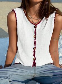 Jouncy Women's Single-Breasted Crew Neck Sleeveless Casual Knit Top - White - View 4