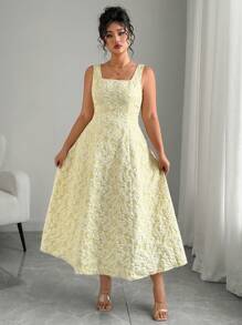 Elenzga Vestido de mujer de talla grande con cuello cuadrado, sin mangas y con textura en relieve - Amarillo - Ver 5
