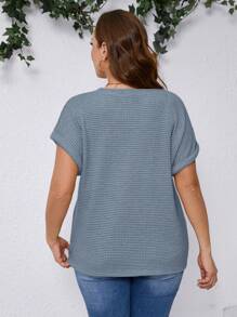 SHEIN Clasi 女式加大码纯色圆领短袖扭腰休闲T恤 - 藍色 - 查看 2