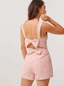 WESTFADE Taillierter Romper mit gewebten Tweedriemen, süßer Schleife, Rückausschnitt und ärmellos, Western Cowgirl Rodeo Nashville Urlaubsoutfit