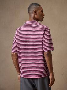 AKNOTIC Men's Knit Pink Striped Casual Loose Fit Short Sleeve Polo Shirt, Suitable For Golf, Summer, Vacation, Daily Wear, Party, Couples, Father's Day Gift - Pink - View 7