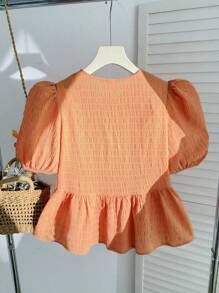 SHEIN Teen Girls Summer Orange Color Plain Color Casual Puff Sleeves Bow Shirts, Minimalist Fashion For Everyday Wear,Casual Daily Wear - Orange - View 2