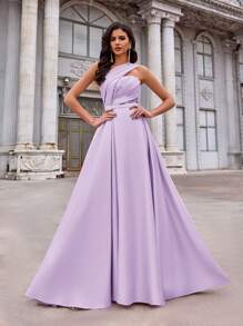 Aureia Elegant, Romantic, Sophisticated, Sexy Satin Sequin Patchwork Asymmetric Shoulder, Open Shoulder, Ruched, High Slit, Tie Up Design Party, Wedding, Formal Gown, For Evening, Wedding Guest - Mauve Purple - View 6