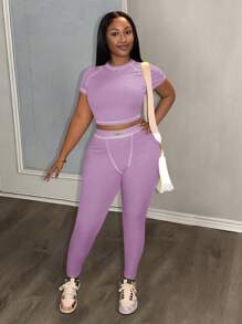 Slaydiva 2025 春夏新款休闲街头百搭运动基础修身绿色圆领短袖短款T恤和撞色腰裤女士两件套，适合音乐节、复活节、西部游牧风格、乡村风格、婚礼嘉宾、日常旅行、毕业季、派对聚会、俱乐部、运动健身、瑜伽 - B 薰衣草两件套紫色两件套女士女士两件套服装 - 紫色 - 查看 5