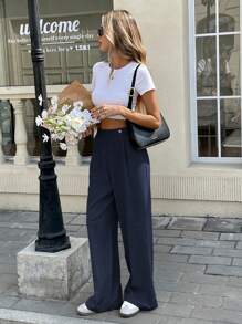 Serisse Pantaloni de damă, de culoare solidă, cu buzunare pliate, drepte, largi - Albastru marin - Vizualizare 5