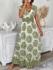 SHEIN LUNE Vestido con mangas cortas de estilo plisado y volantes, cintura ceñida y dobladillo con volantes en línea A, estilo casual y de resort para mujer - Verde - Ver 3