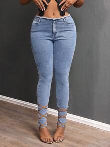 SHEIN SXY Jeans skinny taille basse, lavés, avec ourlet effiloché, pour femmes, décontractés