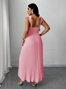 SHEIN Unity 大码女式优雅浪漫度假无袖系腰百褶纯色中长连衣裙 - 粉色 - 查看 2