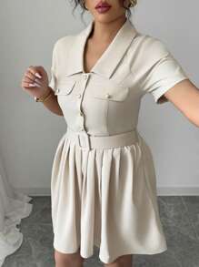 Elenzga Đầm công sở/thường ngày thanh lịch cỡ lớn dành cho nữ, màu trơn, đệm vai, dây rút eo, chi tiết xếp ly, nút kim loại, tay ngắn, mùa hè - Màu be - Xem 5