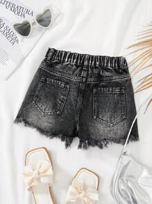 SHEIN Quần short denim cạp cao rách màu trơn, bạc màu, có gấu quần tua rua và túi rách, phong cách boho mùa hè cho bé gái, quần short rộng thùng thình đi biển, dự tiệc hòa nhạc, lễ hội, tiệc tùng, lễ tốt nghiệp. - Màu xám đen - Xem 2