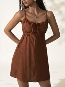 Easelle 前繫帶吊帶連衣裙 - 咖啡棕 - 查看 3