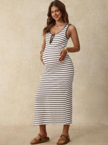 SHEIN 孕妇夏季休闲条纹工字背开衩连衣裙 - 黑與白 - 查看 4